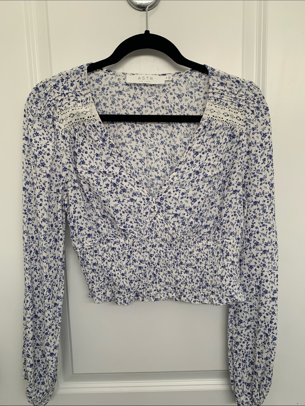 Astr Blue and White Floral Long-Sleeve Smocked Waist Blouse
